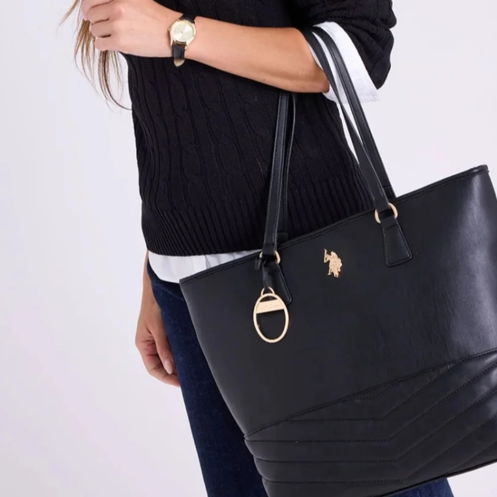 U.S. Polo Assn. Black Quilted-Base Tote with Gold Emblem